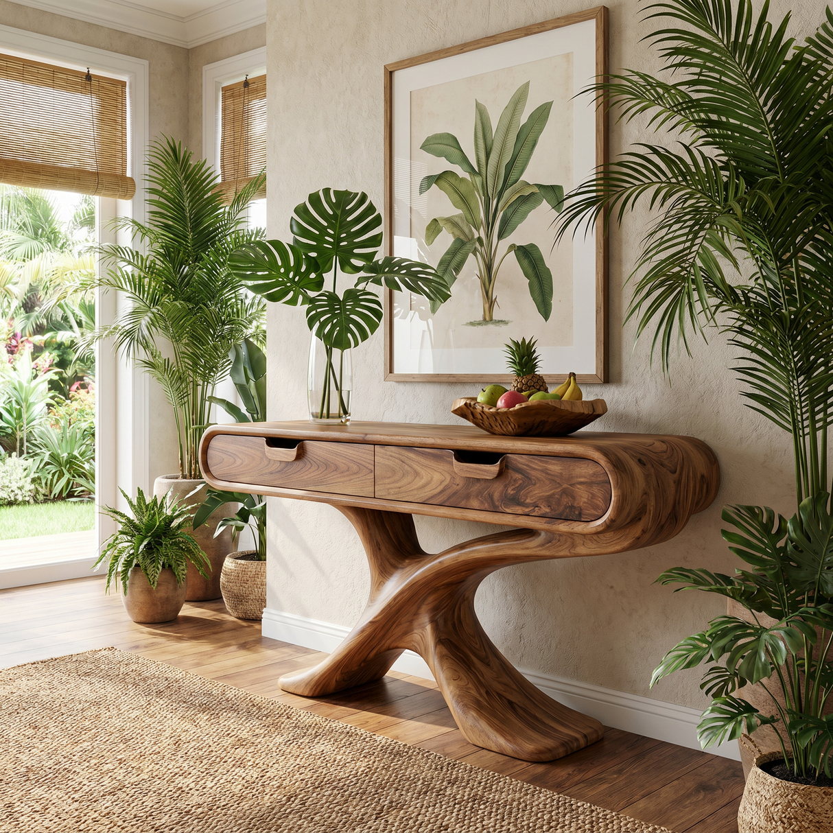 Handcrafted Live Edge Solid Wood Console Table with Sculptural Base