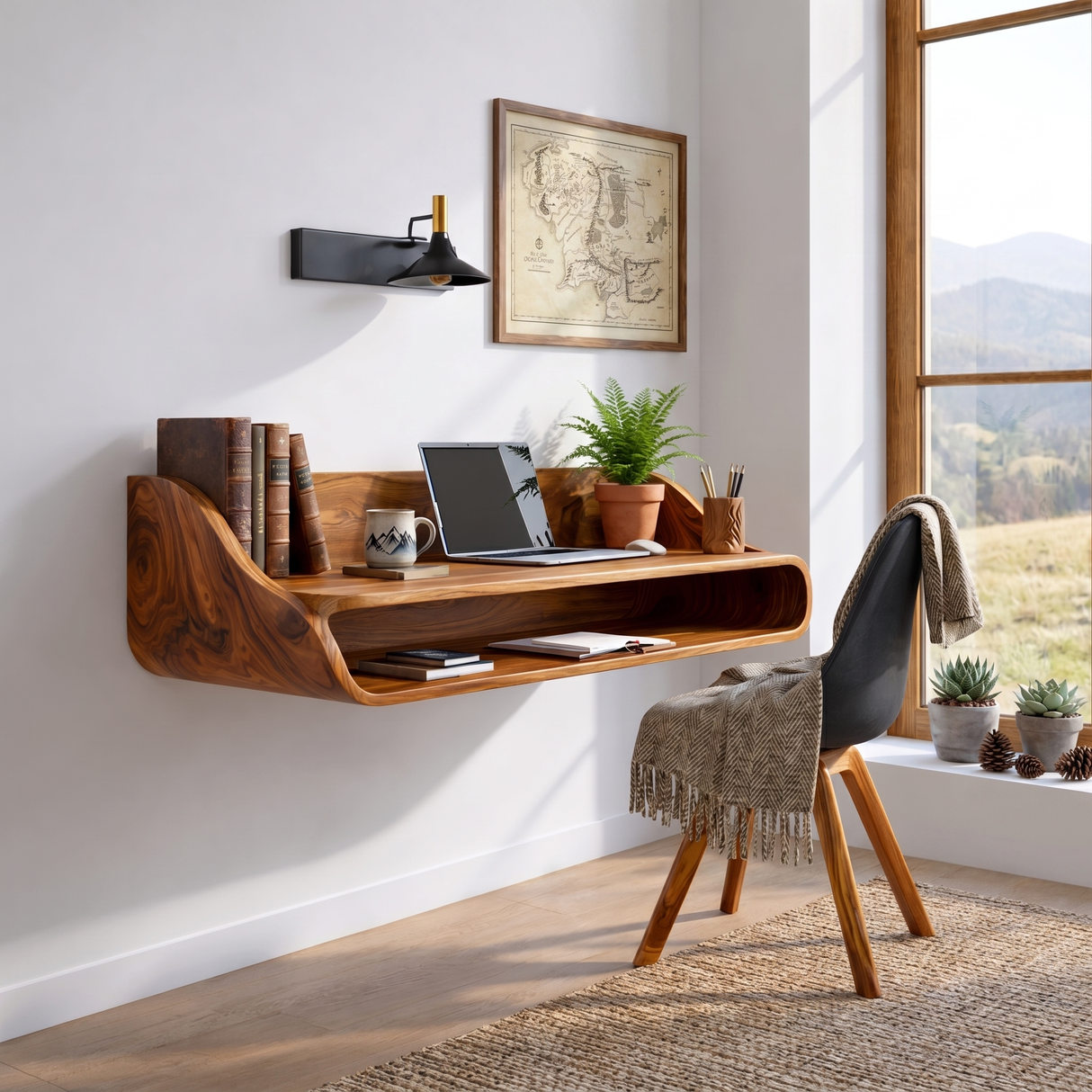 Floating Solid Wood Desk with Soft Architectural Curves