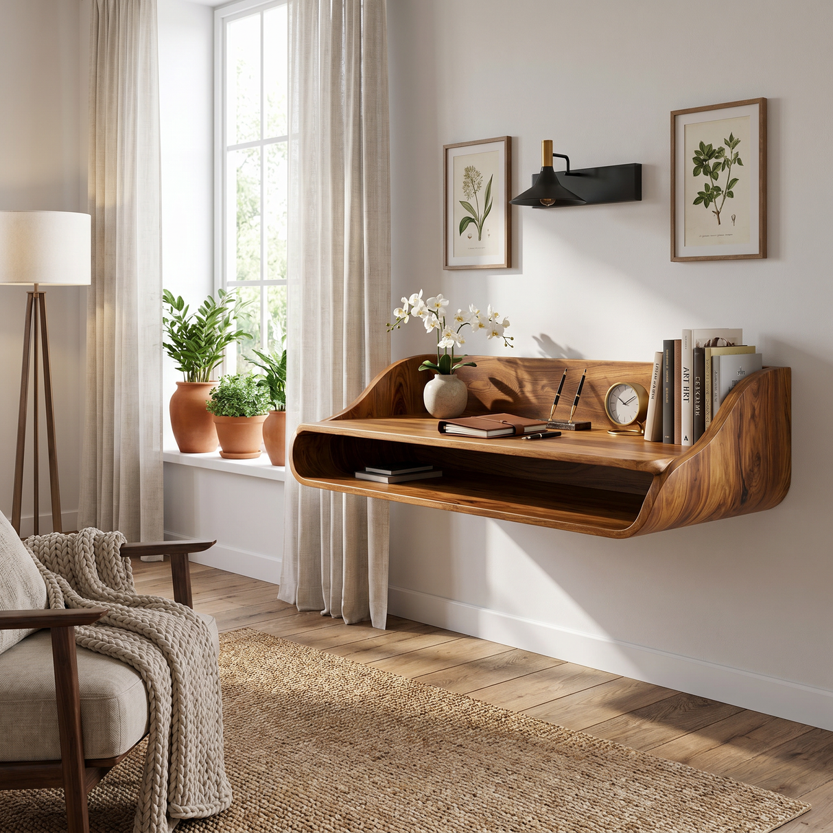 Floating Solid Wood Desk with Soft Architectural Curves