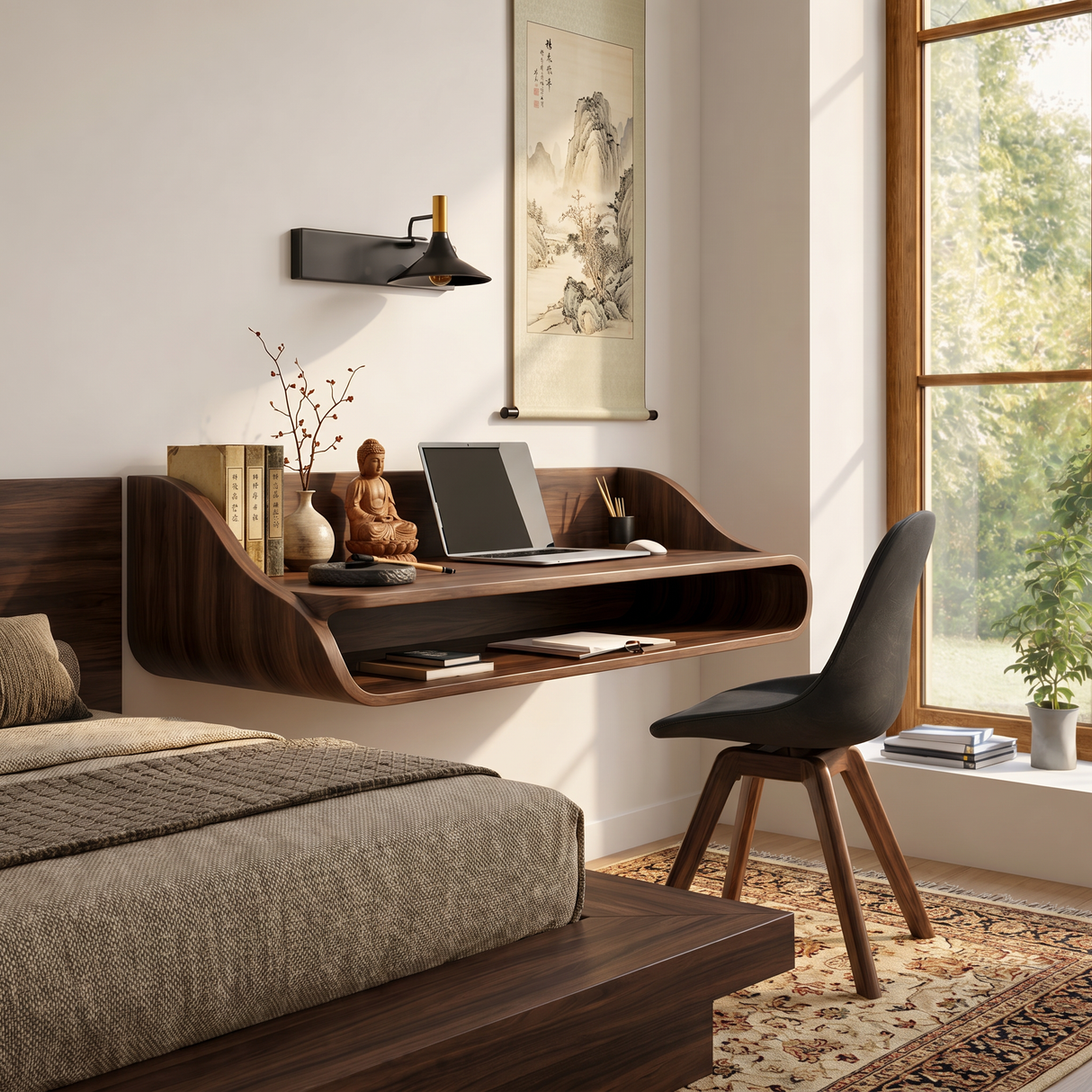 Floating Solid Wood Desk with Soft Architectural Curves