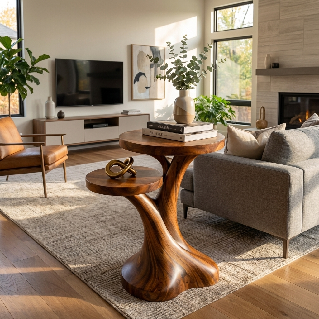 Solid Wood Two Tier Side Table Modern Sculpted Accent Piece