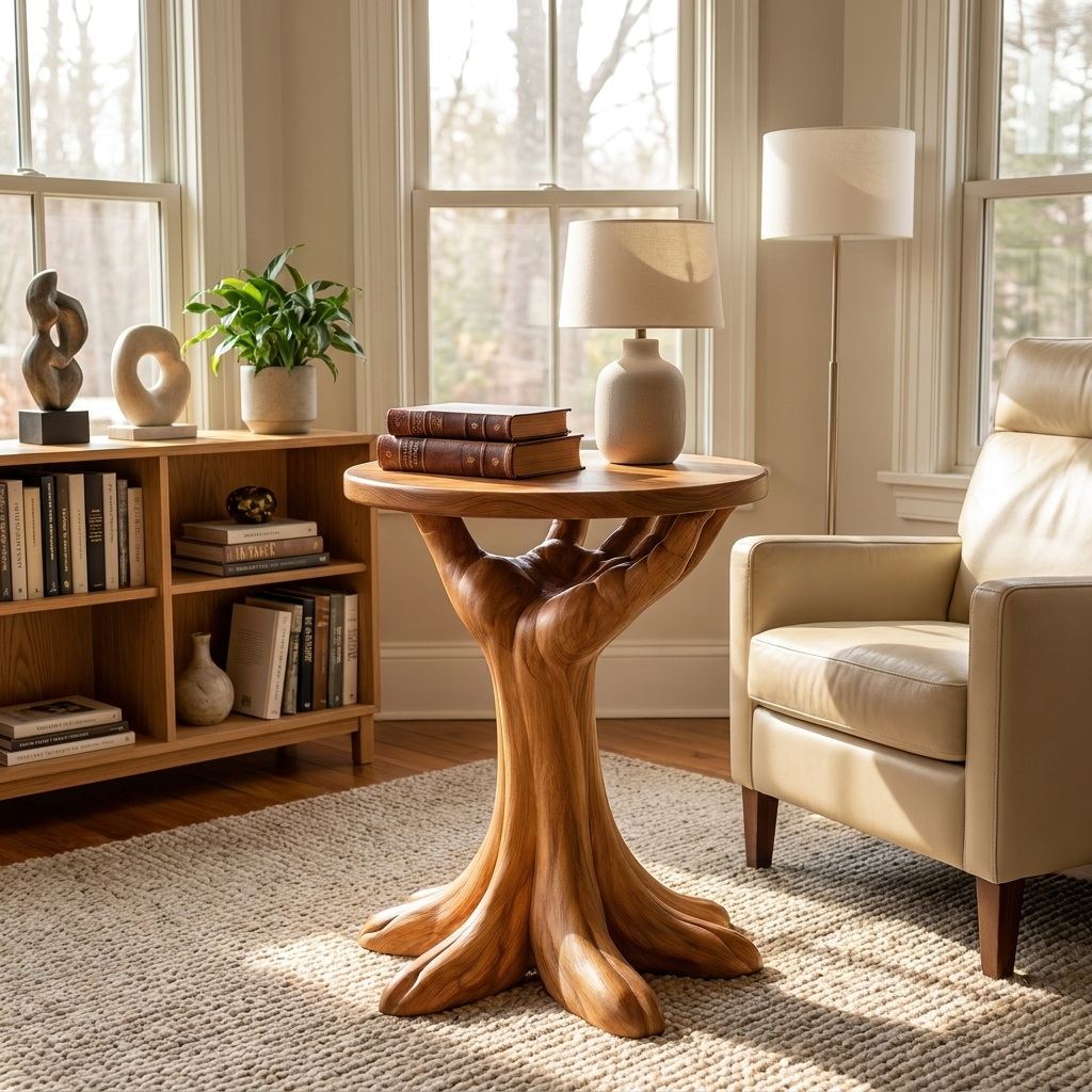 Side Table Solid Wood with Sculptural Tree Root Base for Living Room