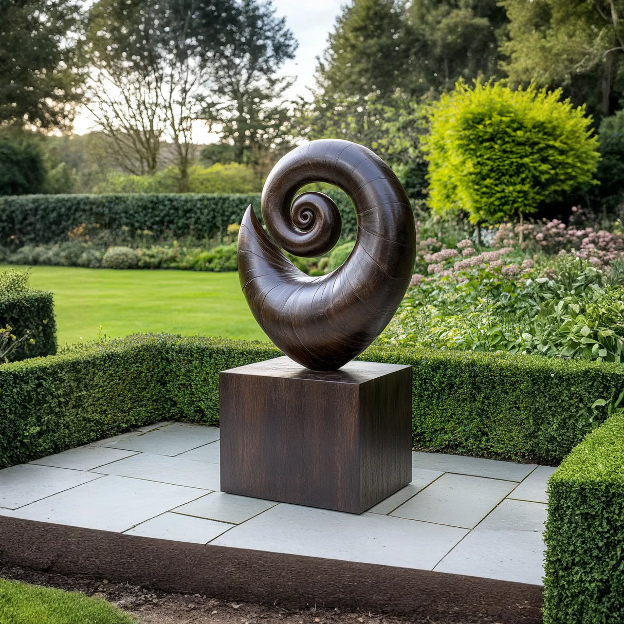 Solid Wood Spiral Shell Sculpture with Plinth for Gardens and Modern Landscapes