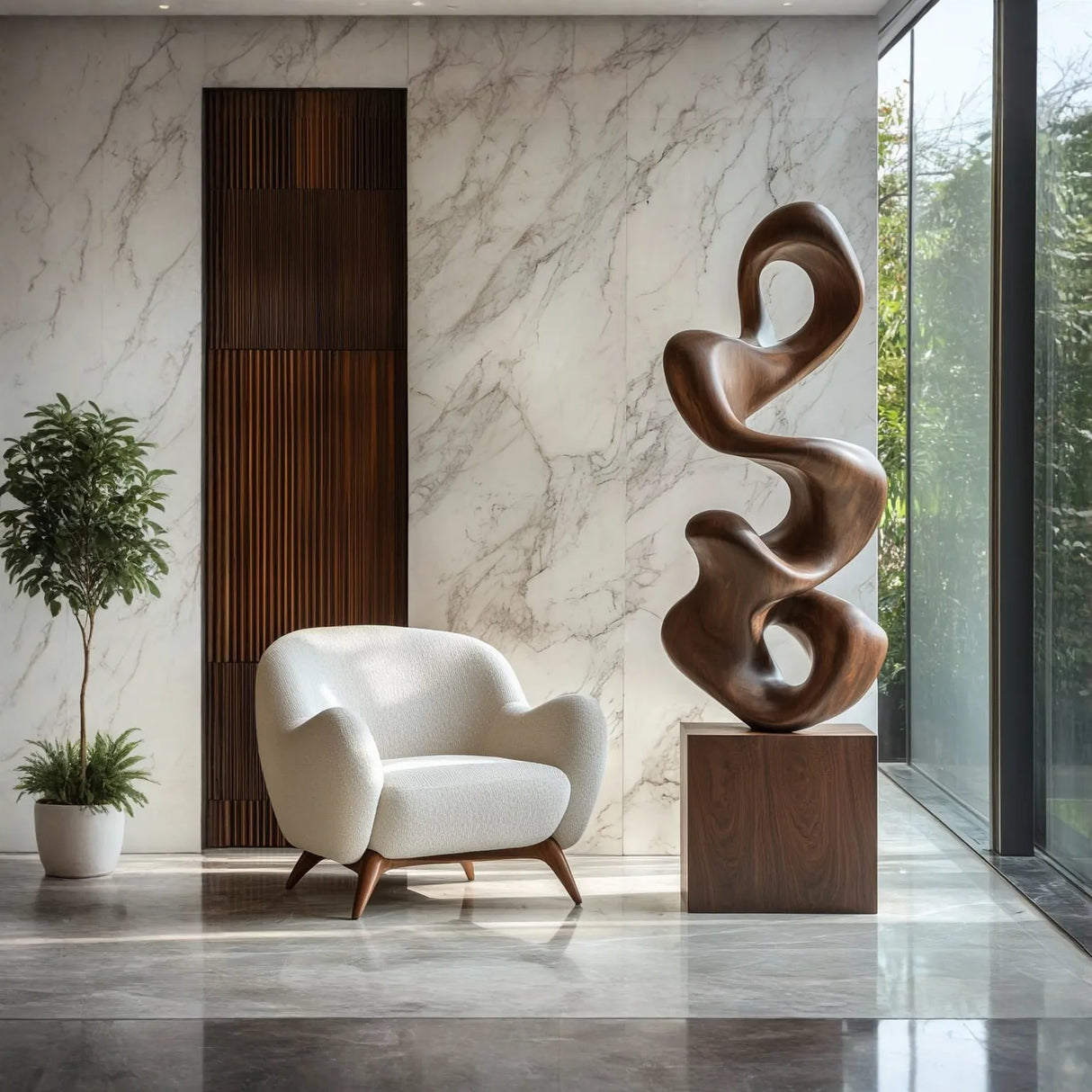 Organic Hand-Carved Abstract Solid Wood Sculpture for Modern Interior Design