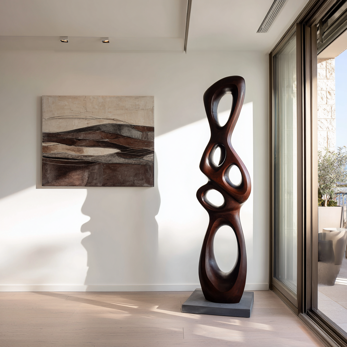 Tall Abstract Solid Wood Sculpture for Modern Living Room Interiors