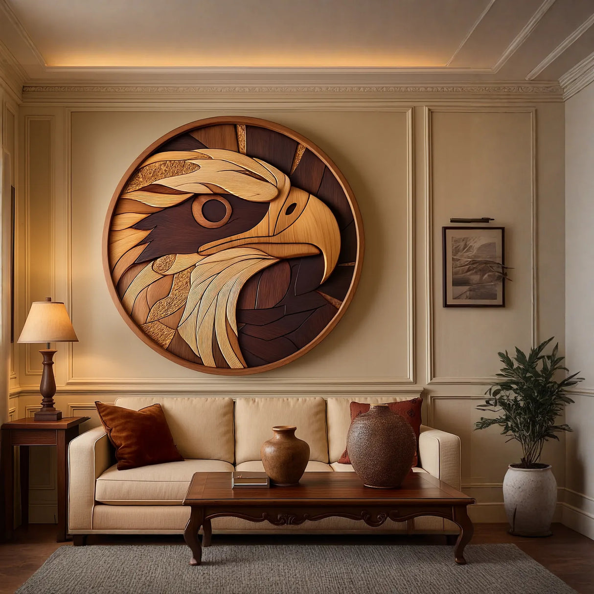 Contemporary Round Solid Wood Eagle Wall Sculpture for Living Room Interiors