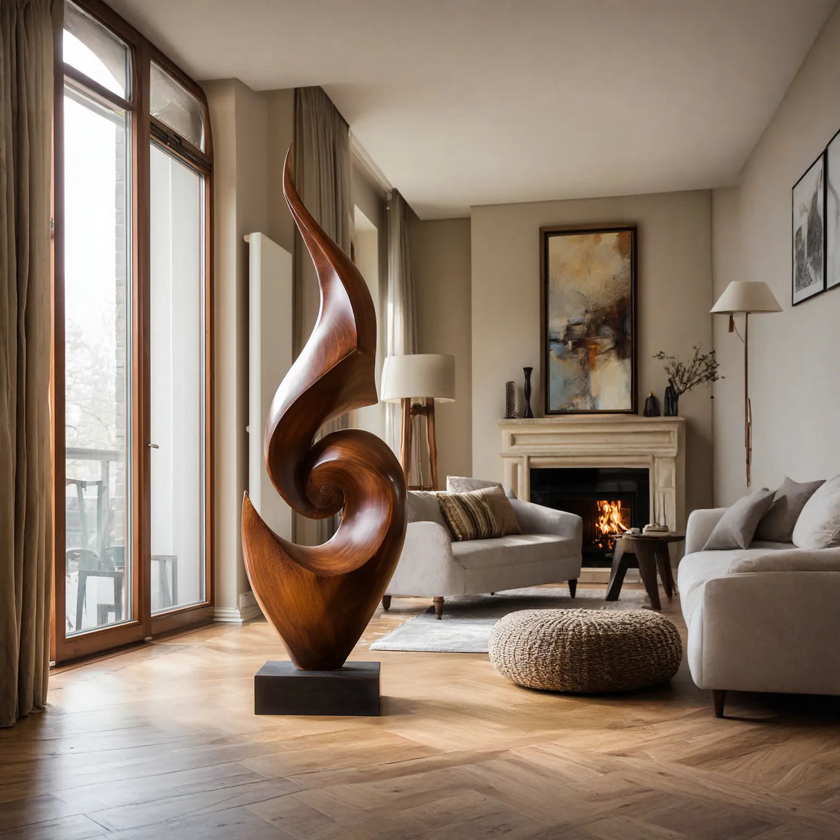 Tall Abstract Solid Wood Floor Sculpture for Luxury Living Room Interiors