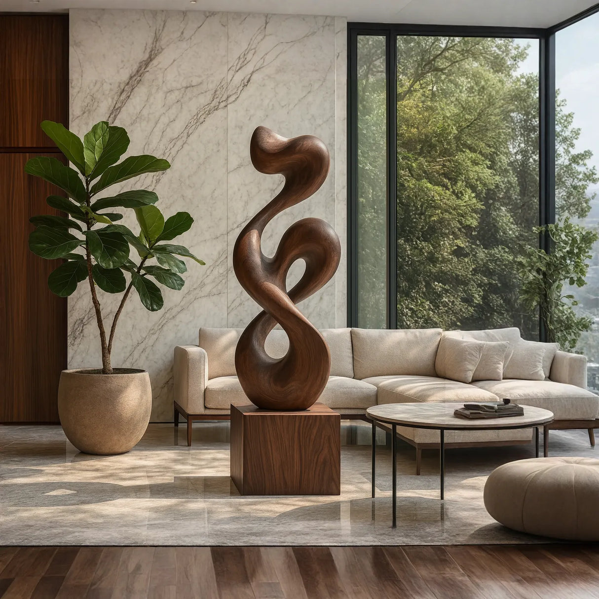 Organic-Form Solid Wood Sculpture for Living Rooms and Offices