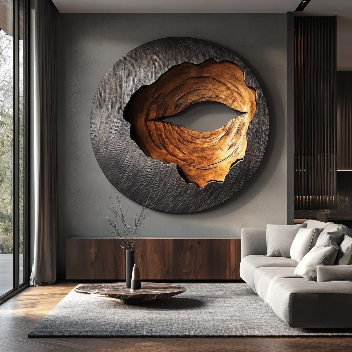 Organic Solid Wood Round Wall Sculpture for Contemporary Living Interiors