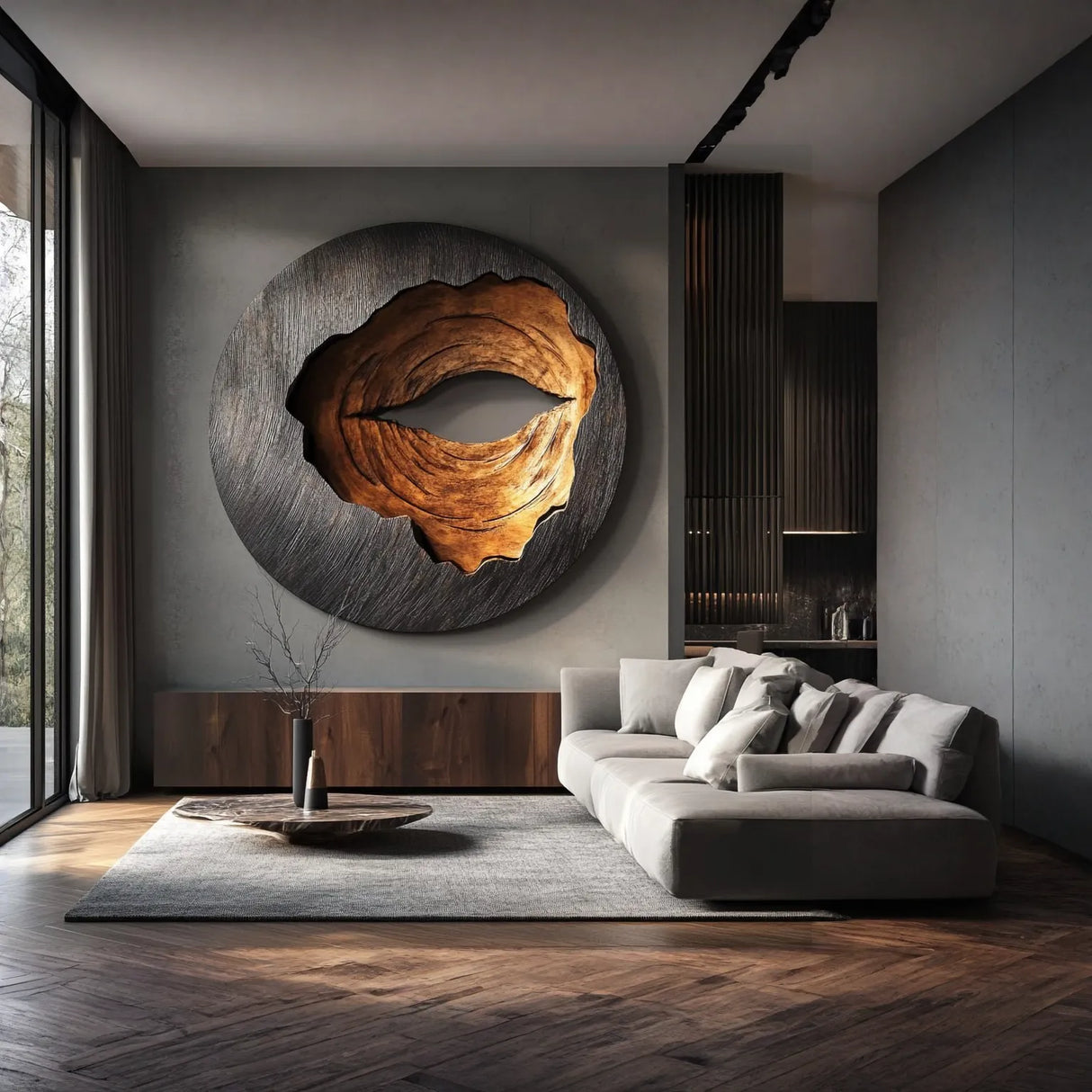 Organic Solid Wood Round Wall Sculpture for Contemporary Living Interiors
