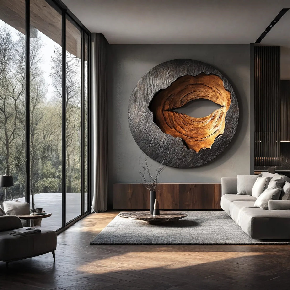 Organic Solid Wood Round Wall Sculpture for Contemporary Living Interiors
