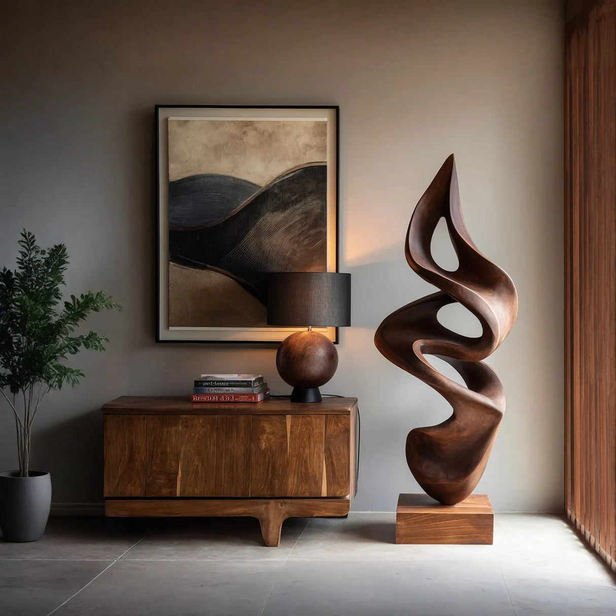 Hand-Carved Abstract Solid Wood Sculpture for Modern Living Spaces