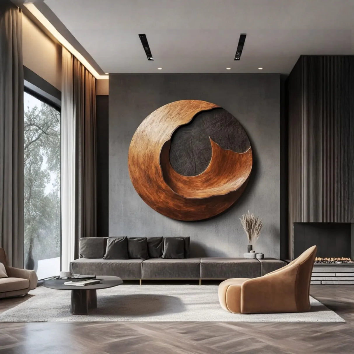 Contemporary Round Solid Wood Wall Sculpture for Living Room Interiors