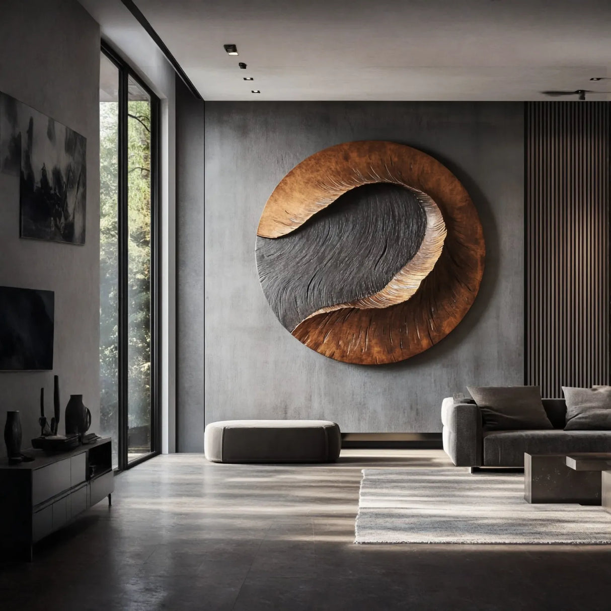 Modern Round Solid Wood Carving Wall Sculpture for Living Room Interiors