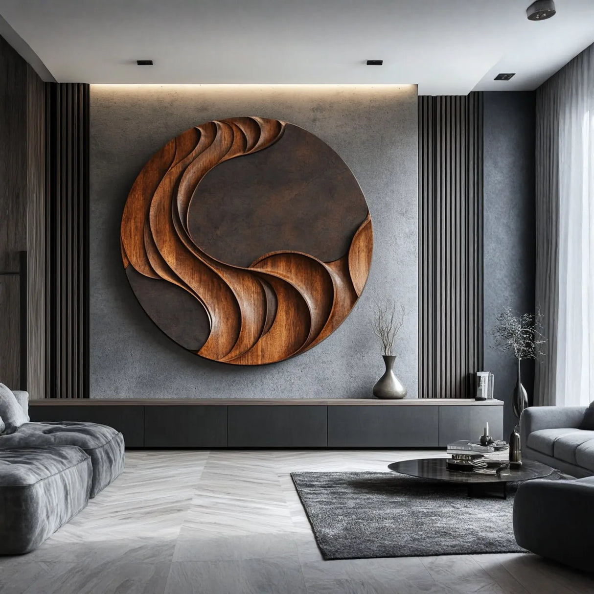 Handcarved Round Solid Wood Wall Sculpture for Contemporary Interiors