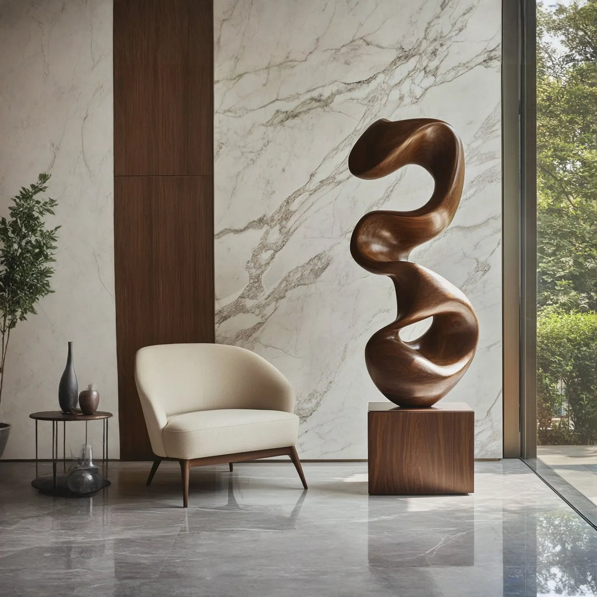 Contemporary Hand-Carved Solid Wood Sculpture for Interiors and Garden Settings