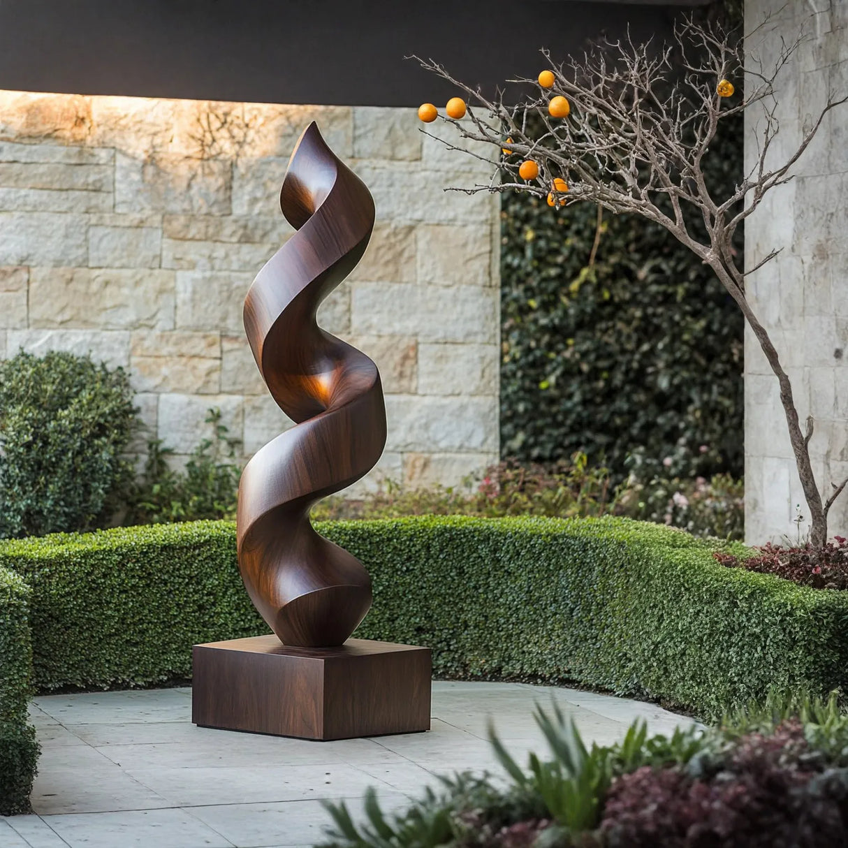 Handcrafted Solid Wood Spiral Garden Sculpture for Outdoor and Indoor Display