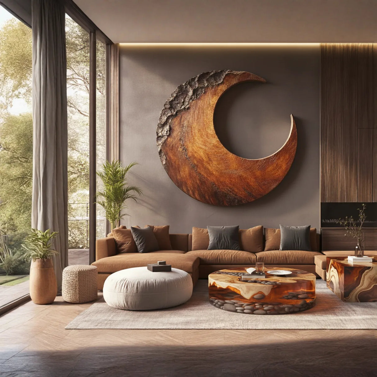 Crescent Solid Wood Wall Sculpture for Living Room Statement Decor