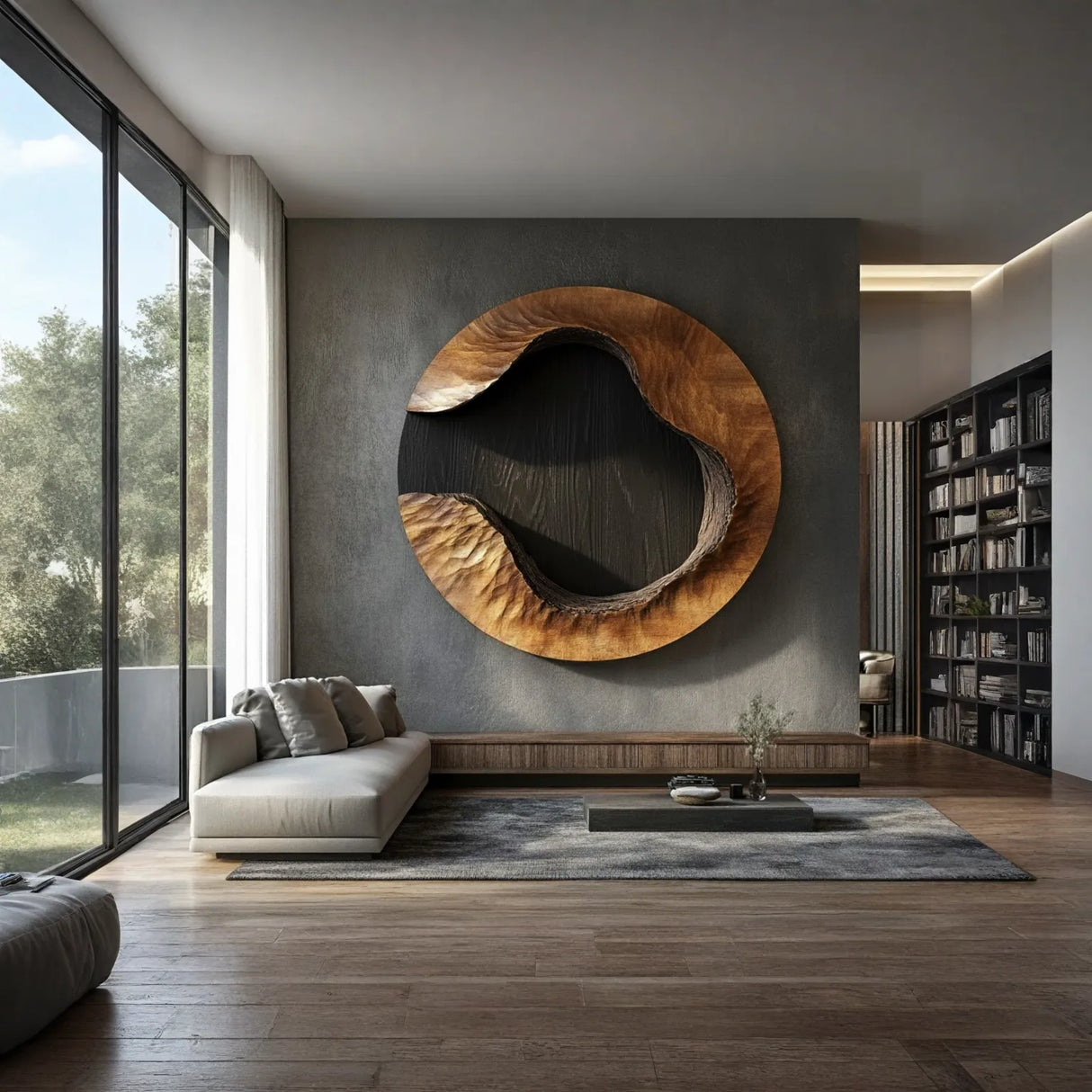 Large Organic Solid Wood Circular Wall Sculpture Modern Living Room Wall Art