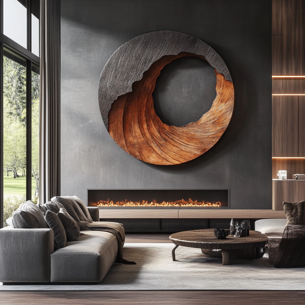 Large Round Solid Wood Wall Sculpture Modern Organic Statement Wall Art for Living Room