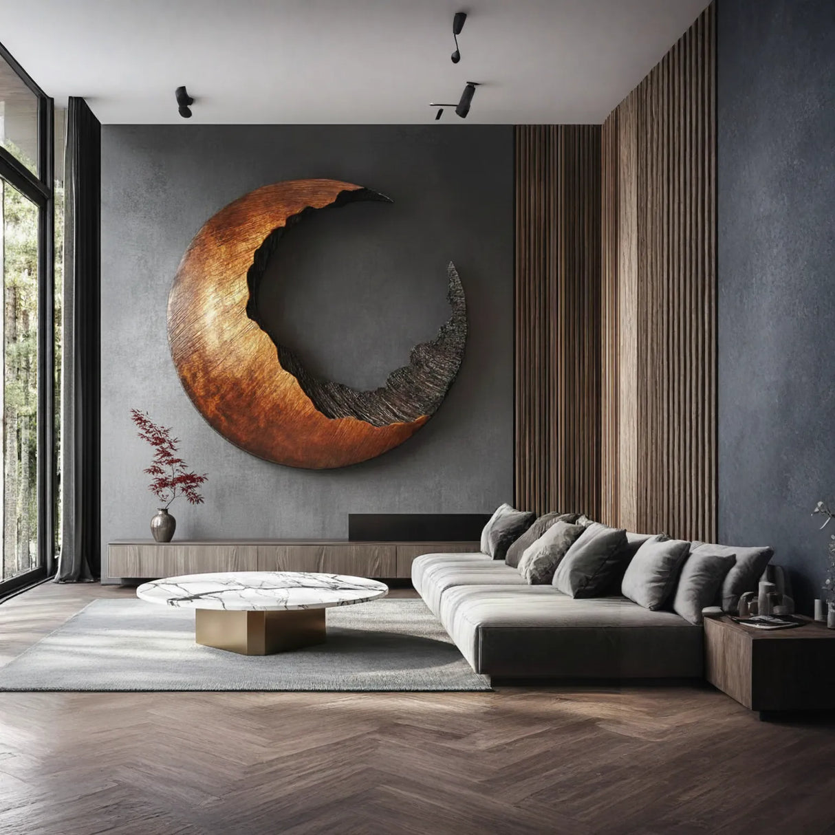 Abstract Crescent Solid Wood Wall Sculpture for Living Room