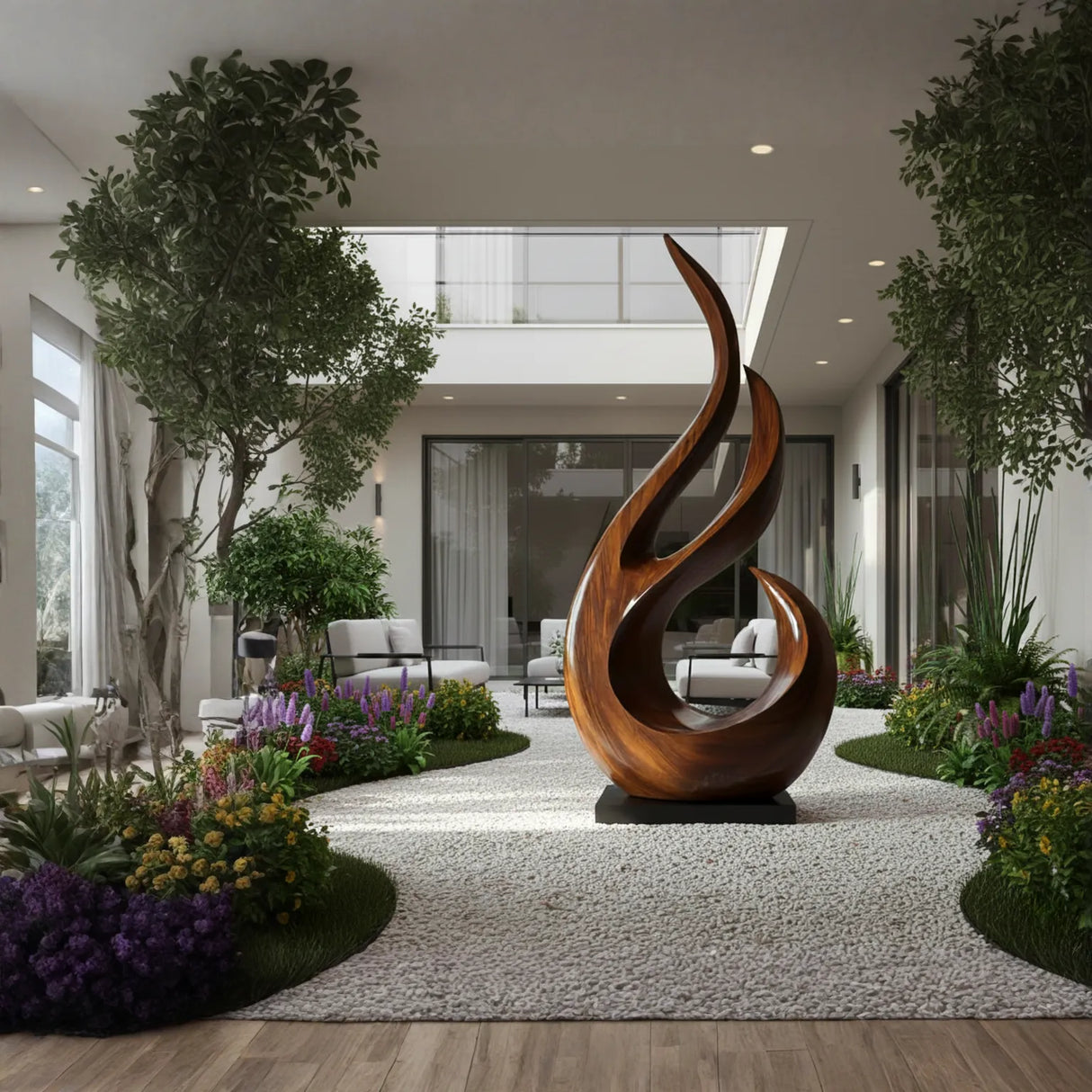 Tall Flame Inspired Solid Wood Floor Sculpture for Modern Living Spaces