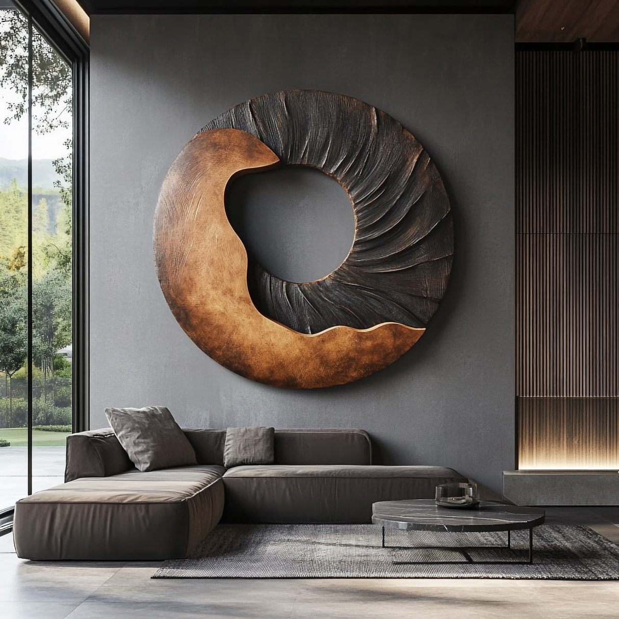 Modern Two Tone Solid Wood Round Wall Sculpture for Interior Art