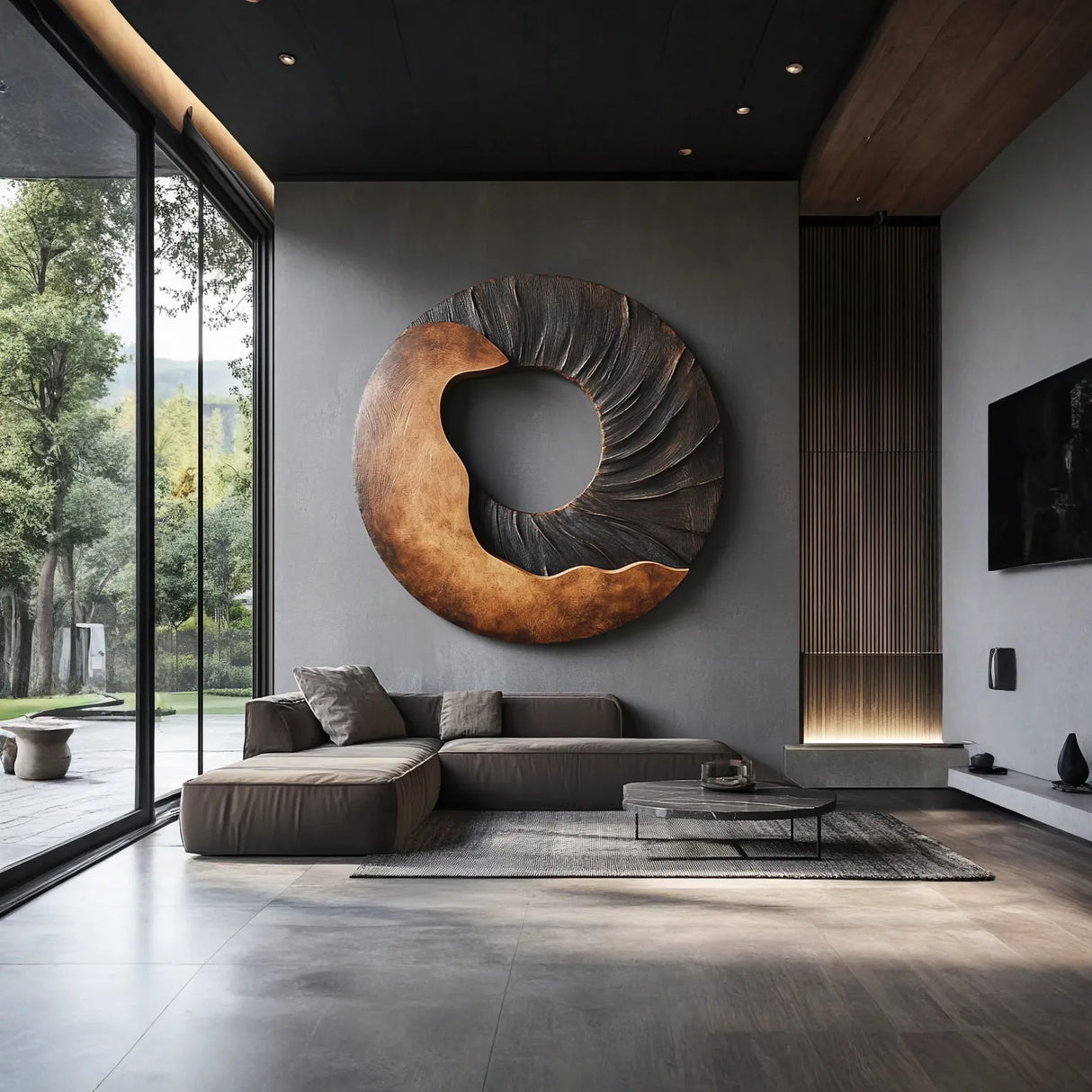 Modern Two Tone Solid Wood Round Wall Sculpture for Interior Art