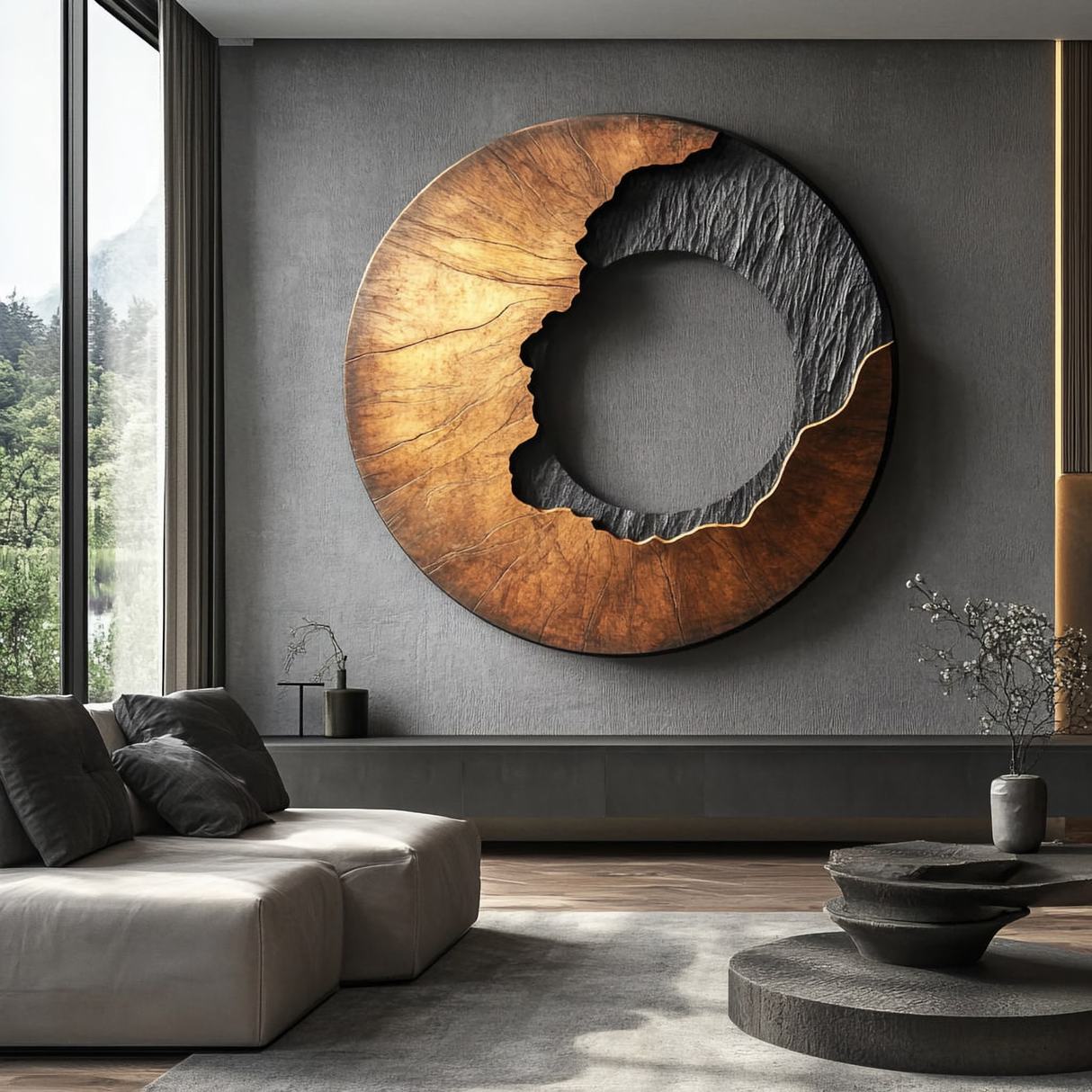 Modern Contrast Round Solid Wood Wall Sculpture for Interior Art
