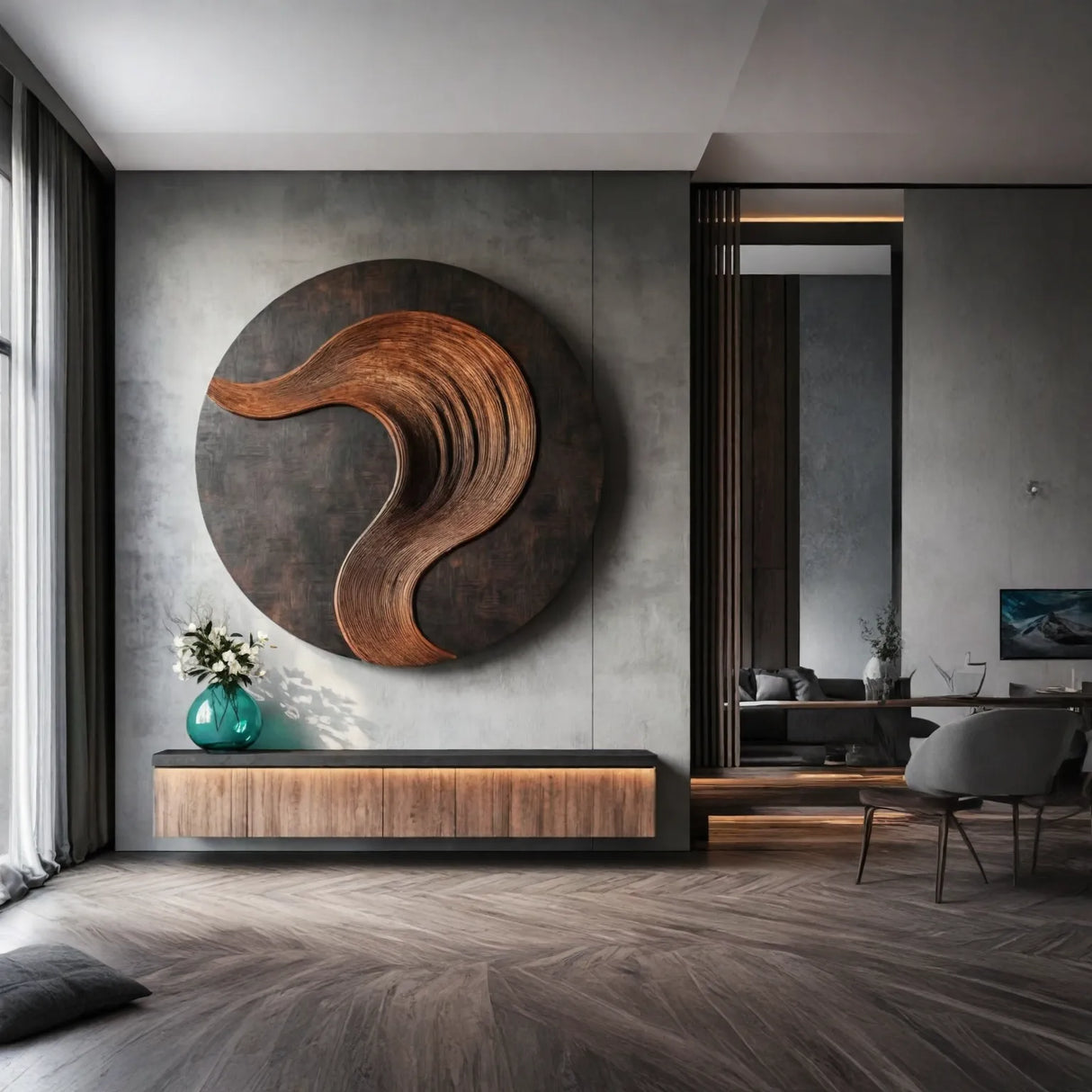 Round Solid Wood Wall Art with Sculptural Curved Relief