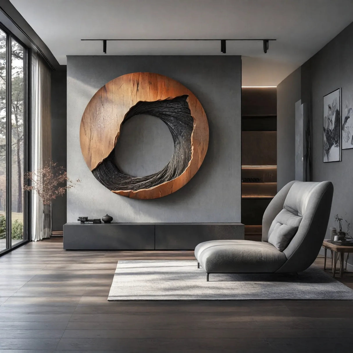 Round Wood Wall Sculpture with Open Center and Textured Carved Detail