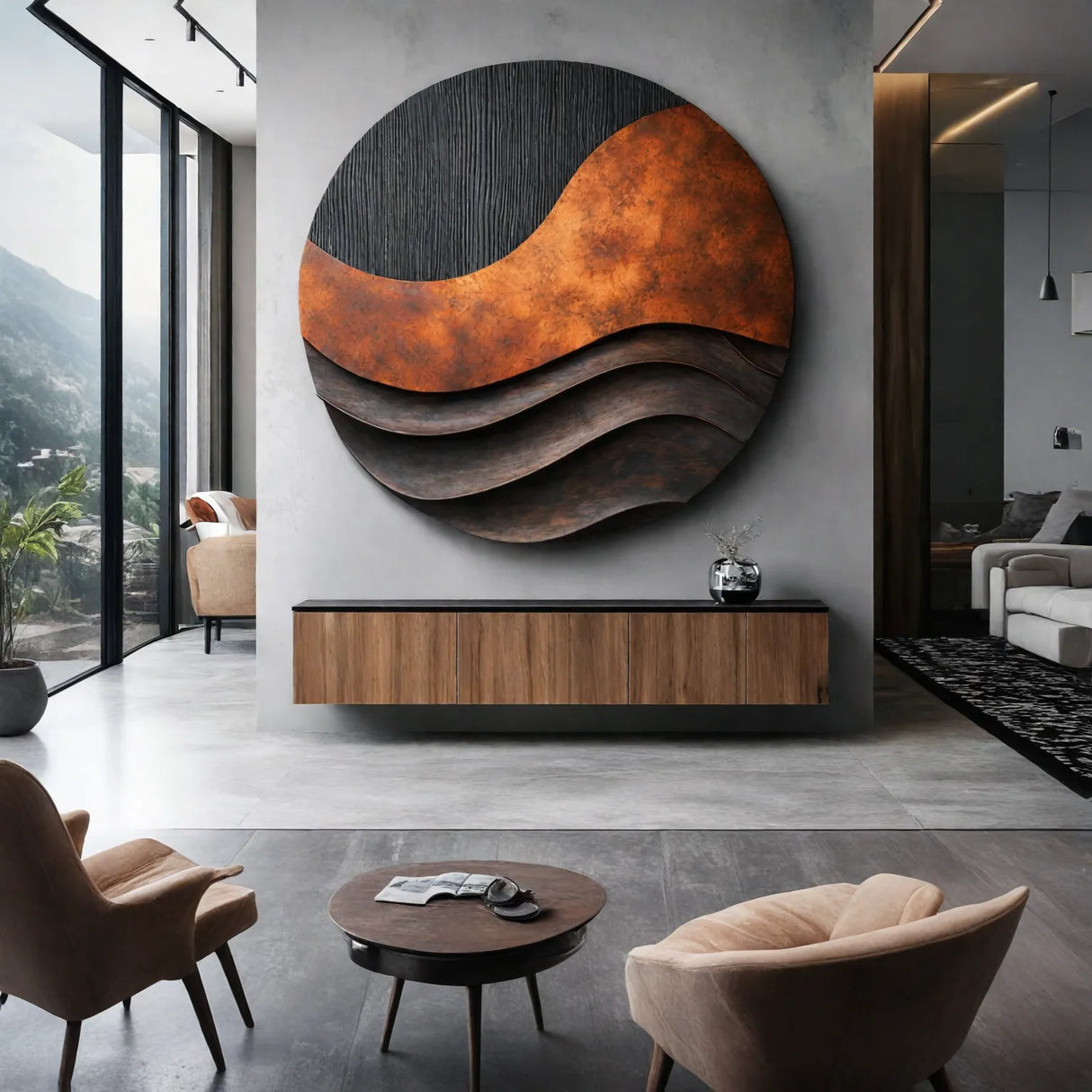 Round Layered Wall Sculpture with Wave Form Relief