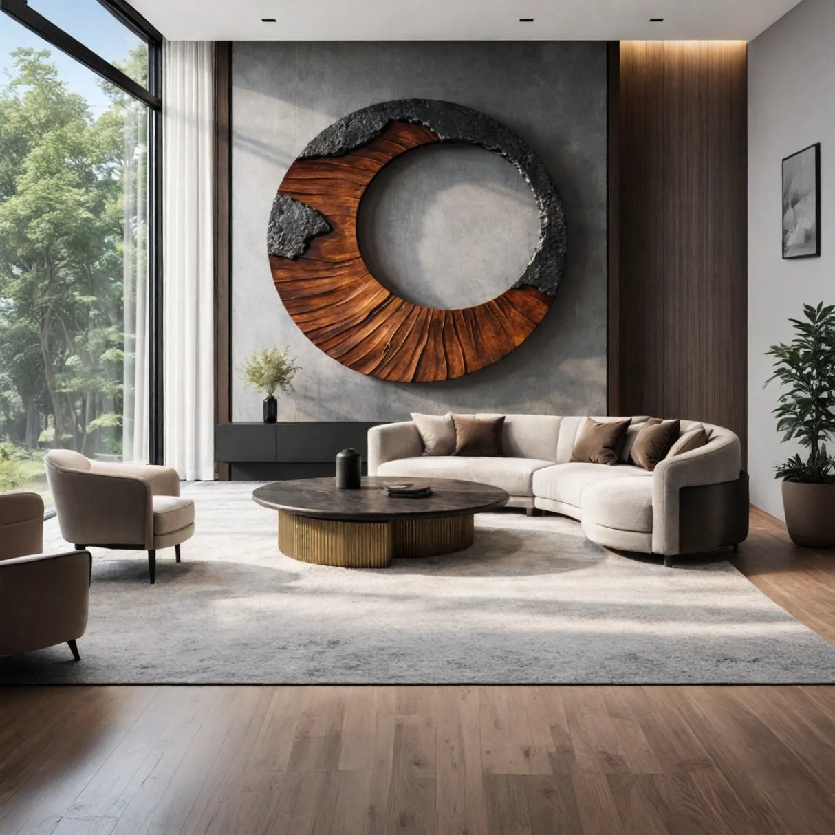 Round Solid Wood Wall Sculpture with Open Center and Textured Contrast