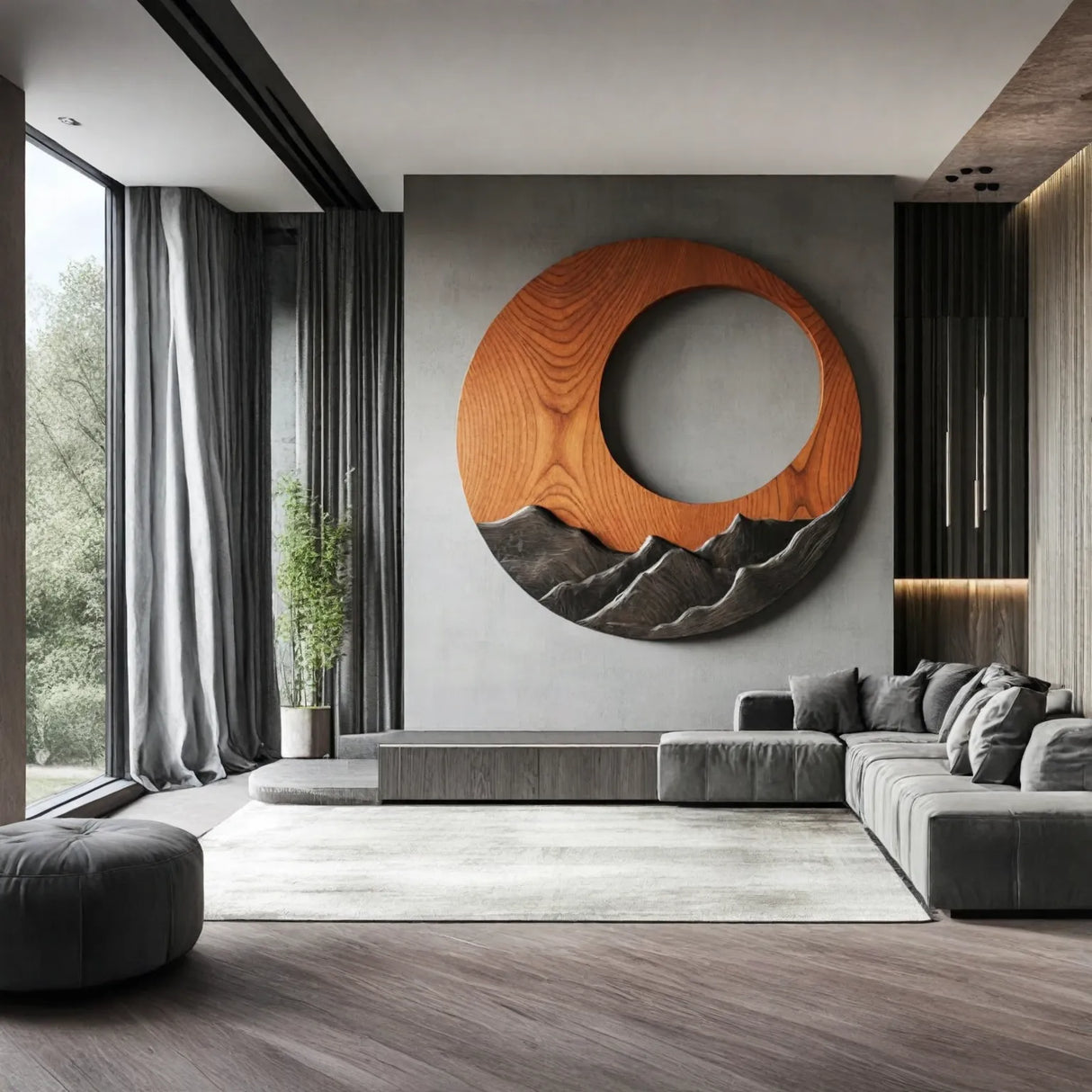 Round Solid Wood Wall Sculpture Mountain Relief for Modern Rustic Decor