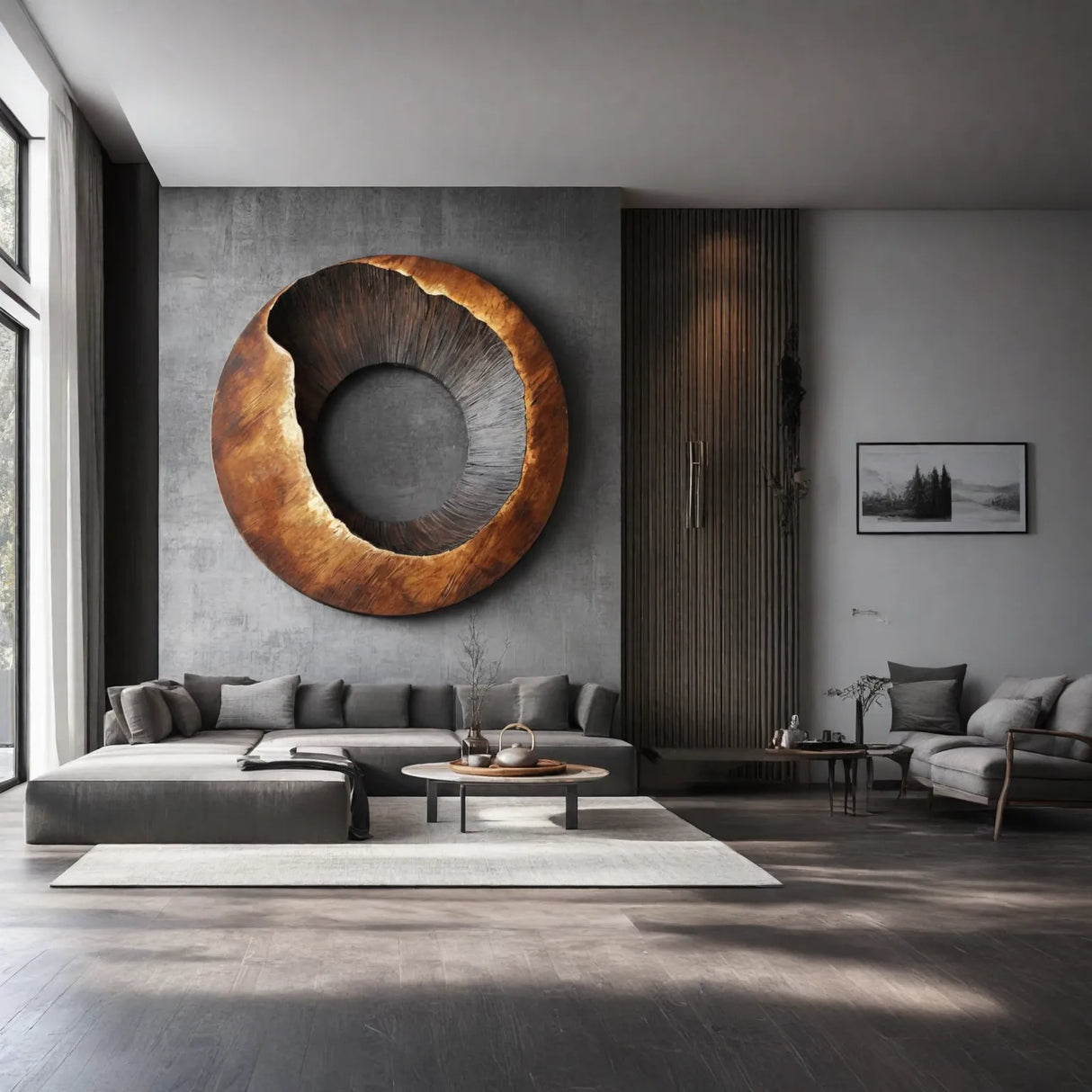Round Wood Wall Sculpture with Open Center and Carved Interior Texture