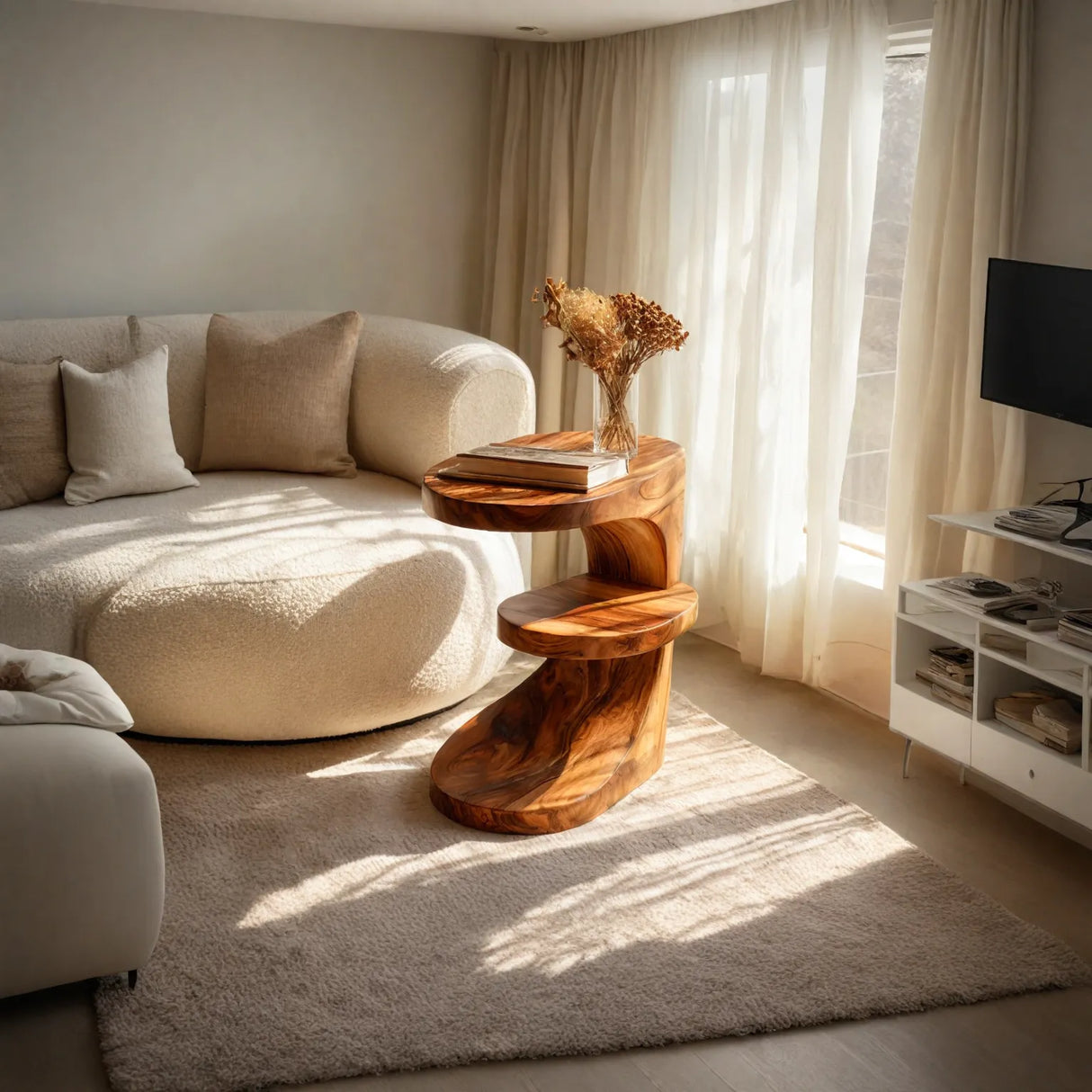 Sculptural Solid Wood Side Table for Living Room and Reading Nook