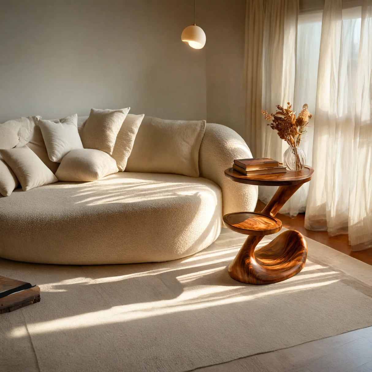 Sculptural Two-Tier Solid Wood Side Table for Living Room