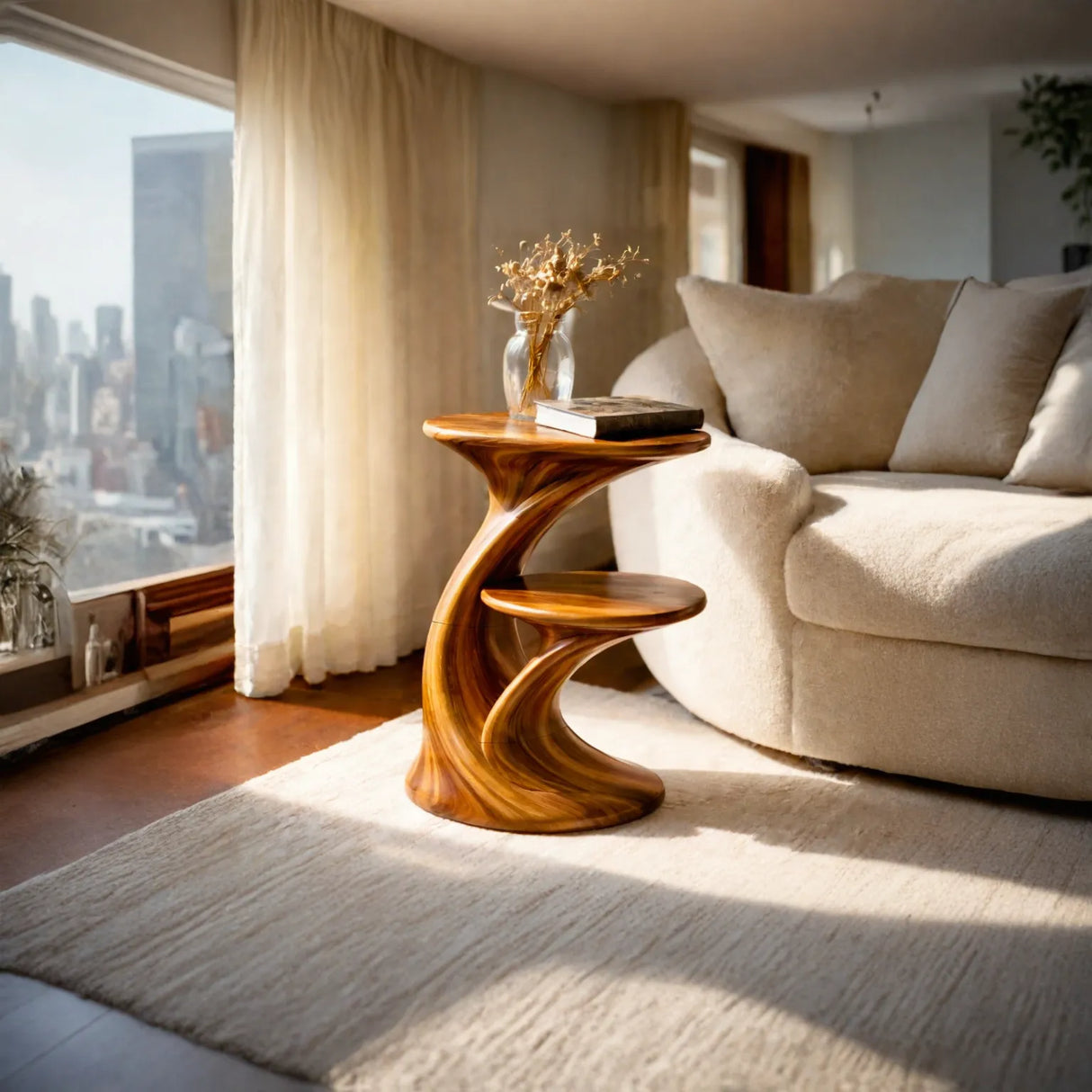 Sculptural Two Tier Solid Wood Side Table for Living Room and Reading Corner