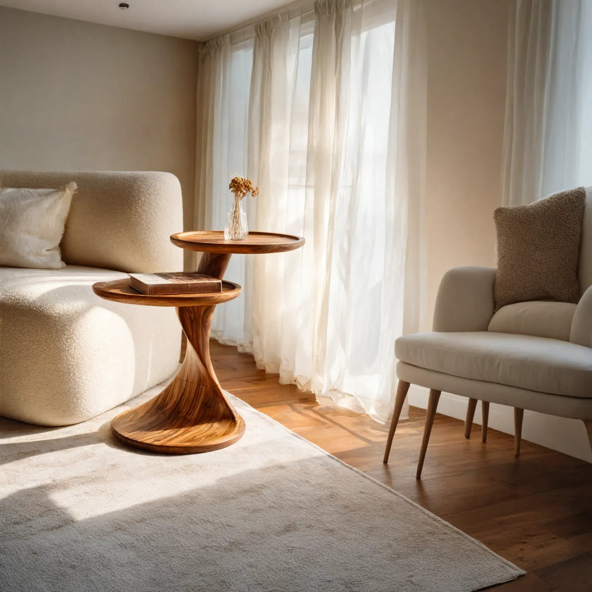 Two Tier Sculptural Solid Wood Side Table for Living Room and Reading Corner