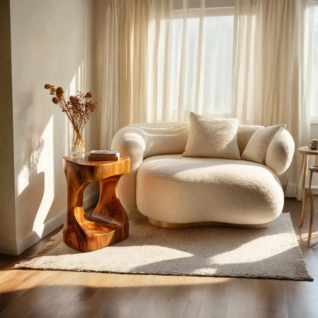 Modern Sculptural Solid Wood Side Table with Curved Base