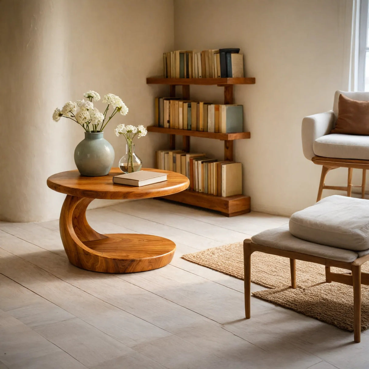 Round Sculptural Solid Wood Side Table for Living Room Decor
