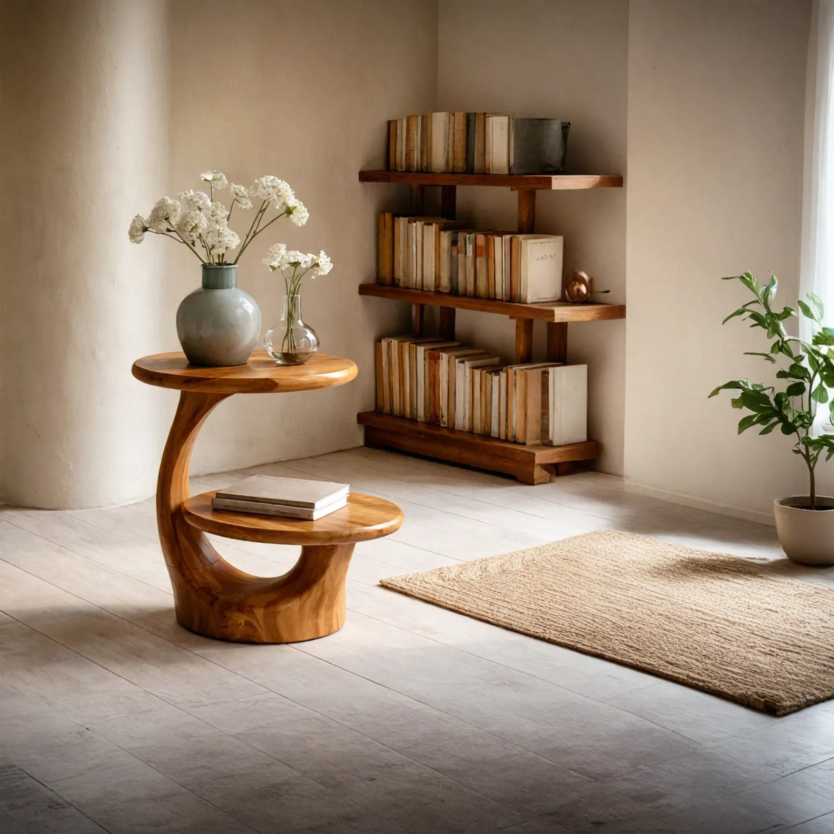 Two Tier Round Solid Wood Side Table for Living Room Decor