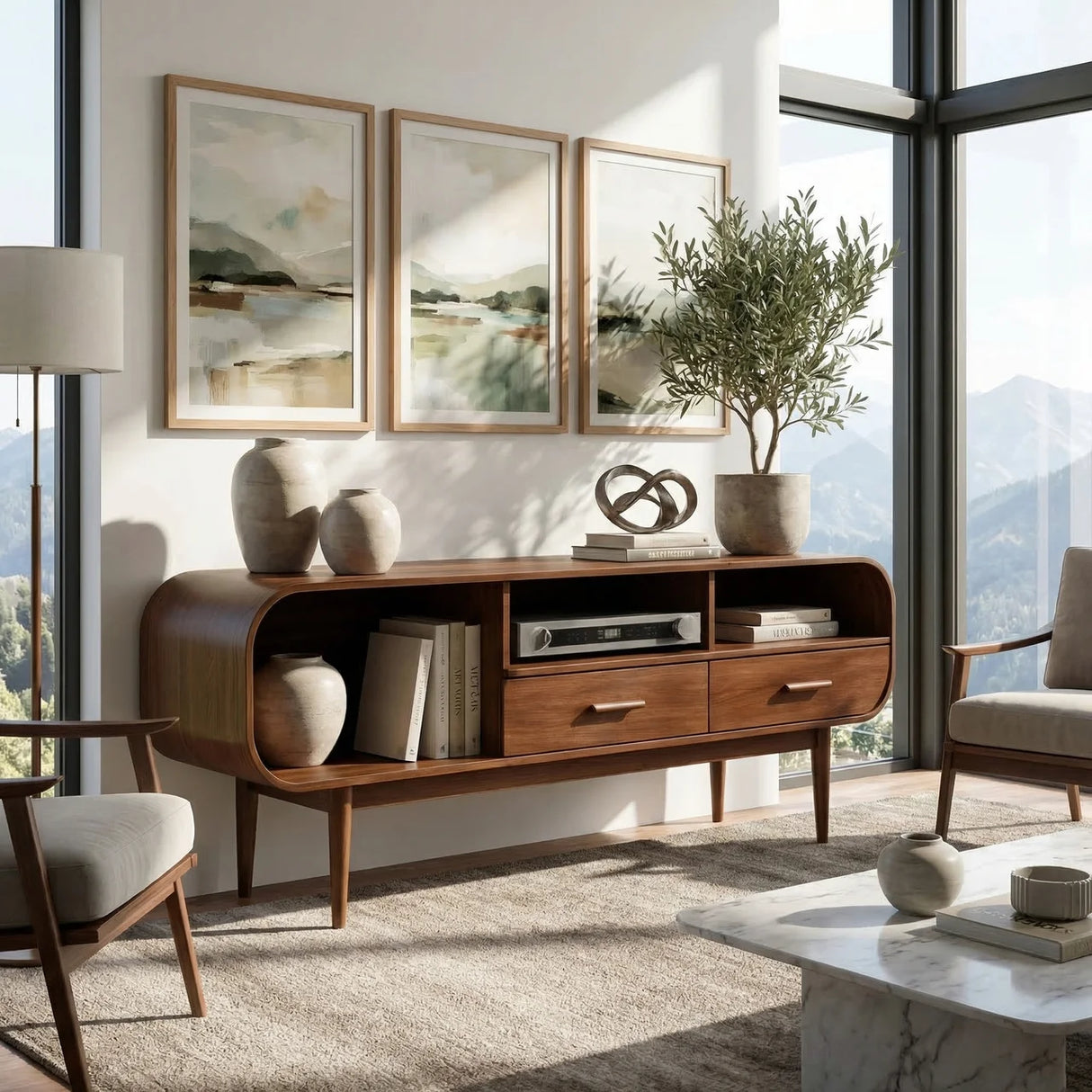 Curved Wood TV Cabinet with Drawers and Open Shelving, Mid Century Modern Media Console for Organic Modern Living Rooms
