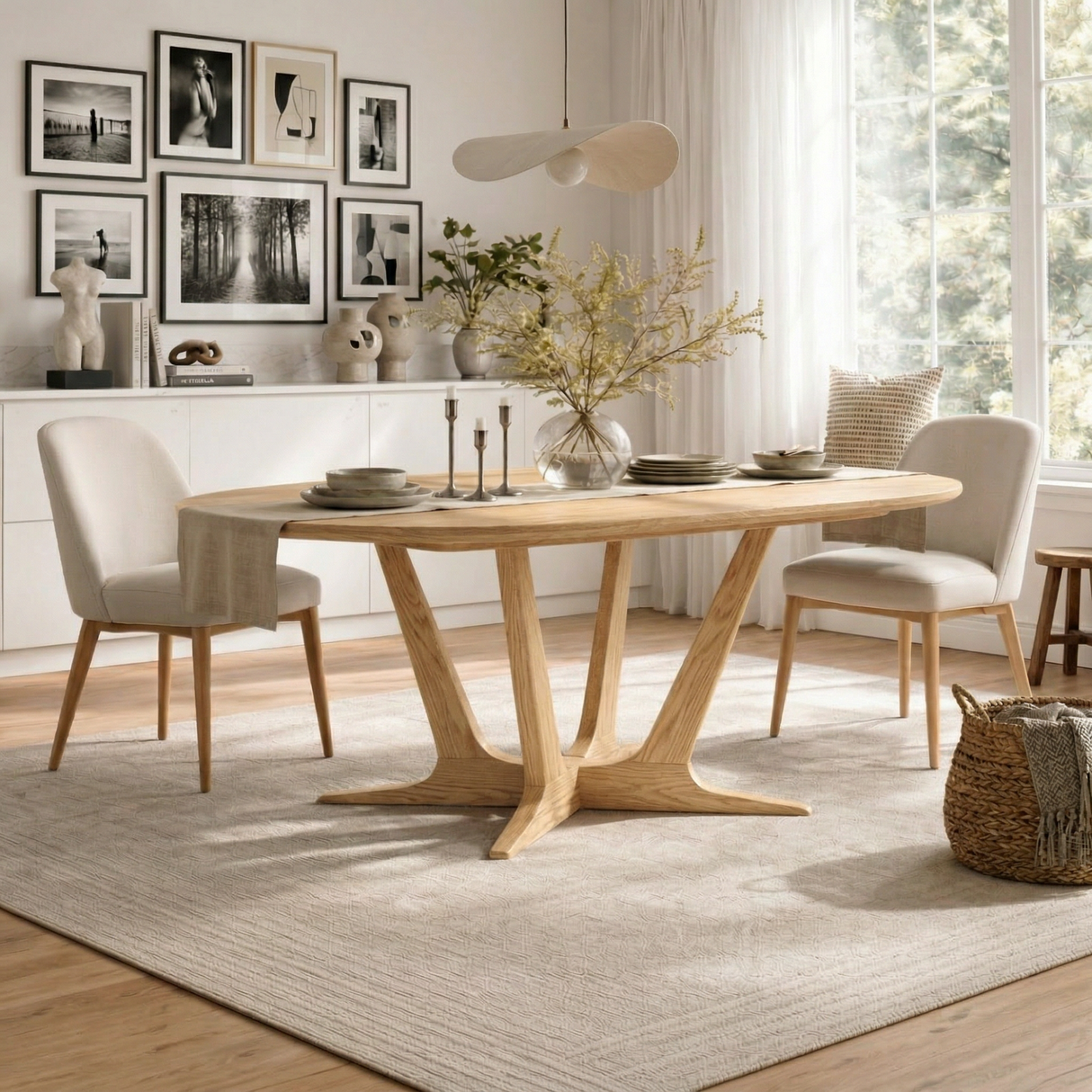 Oval Solid Wood Dining Table with Sculptural Cross Base for Dining Room