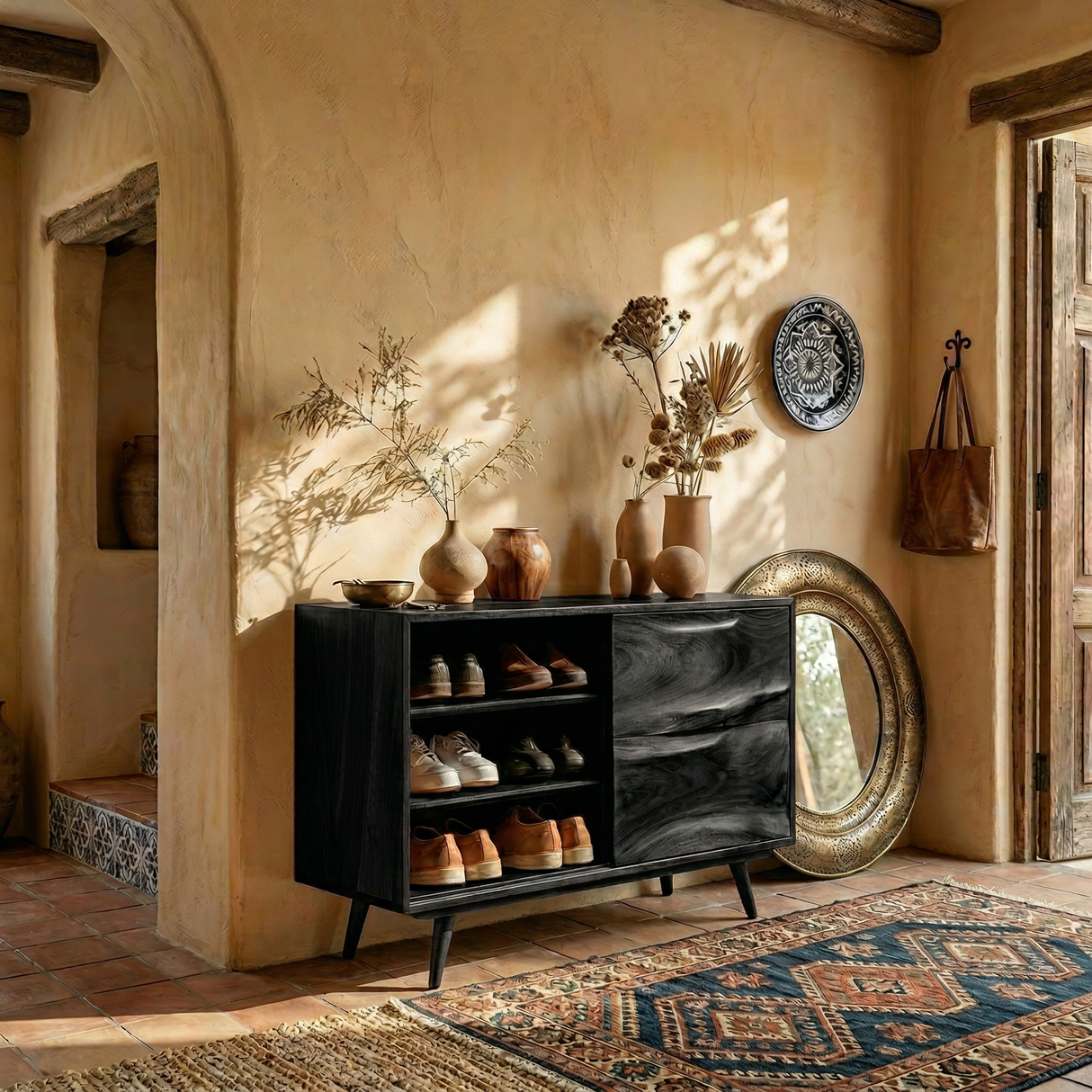Handcrafted Solid Wood Shoe Cabinet with Open Shelves for Entryway