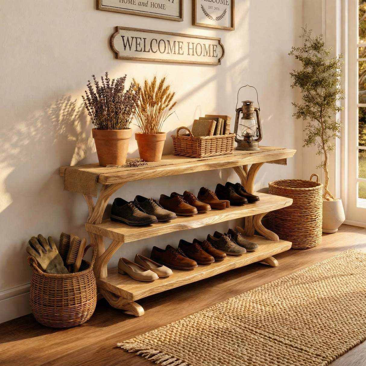 Handcrafted Solid Wood Shoe Rack Console with Open Shelves and Organic Branch Base