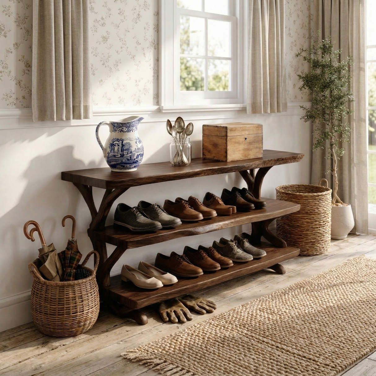 Handcrafted Solid Wood Shoe Rack Console with Open Shelves and Organic Branch Base