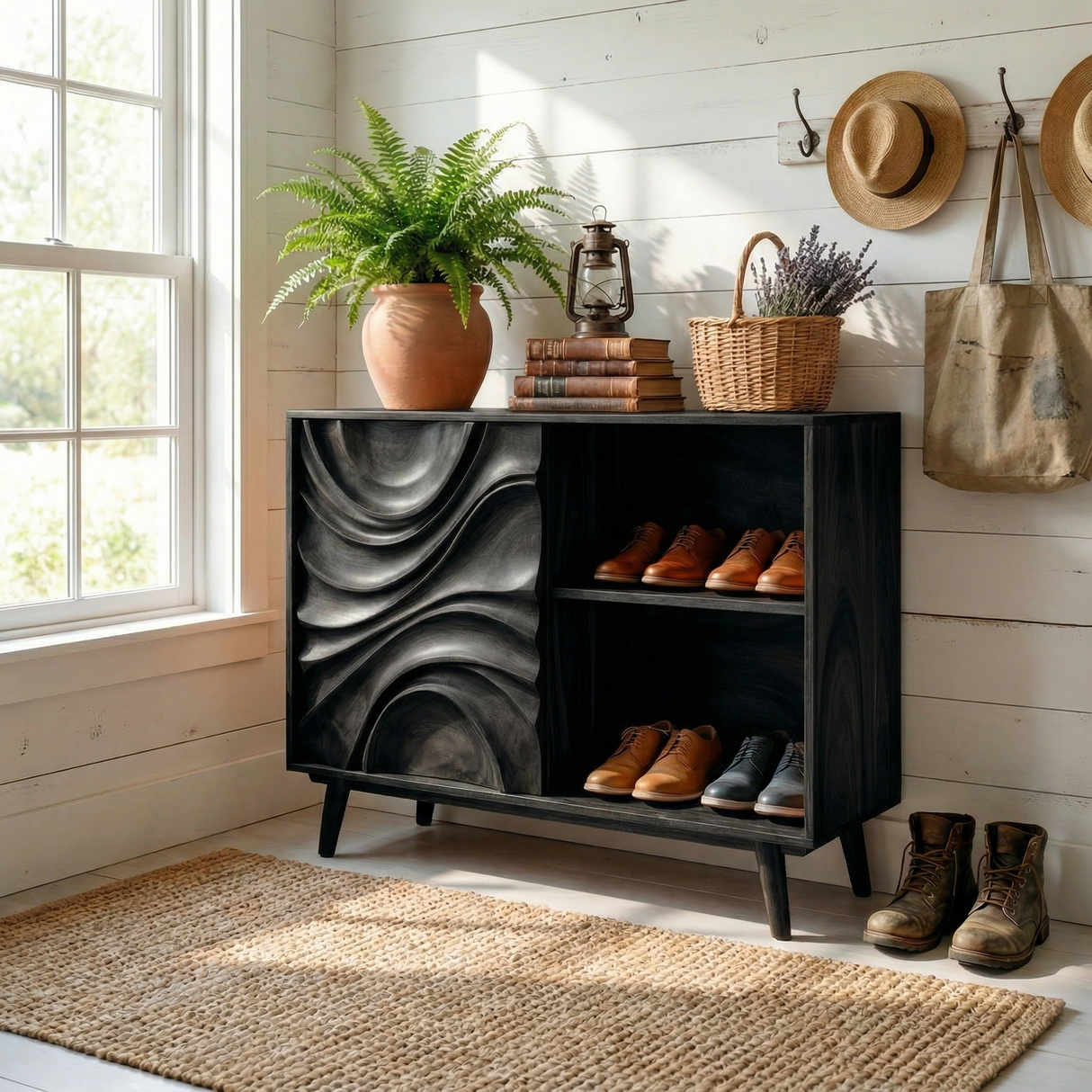 Handcrafted Solid Wood Shoe Cabinet with Sculptural Carved Door and Open Shelves for Entryway