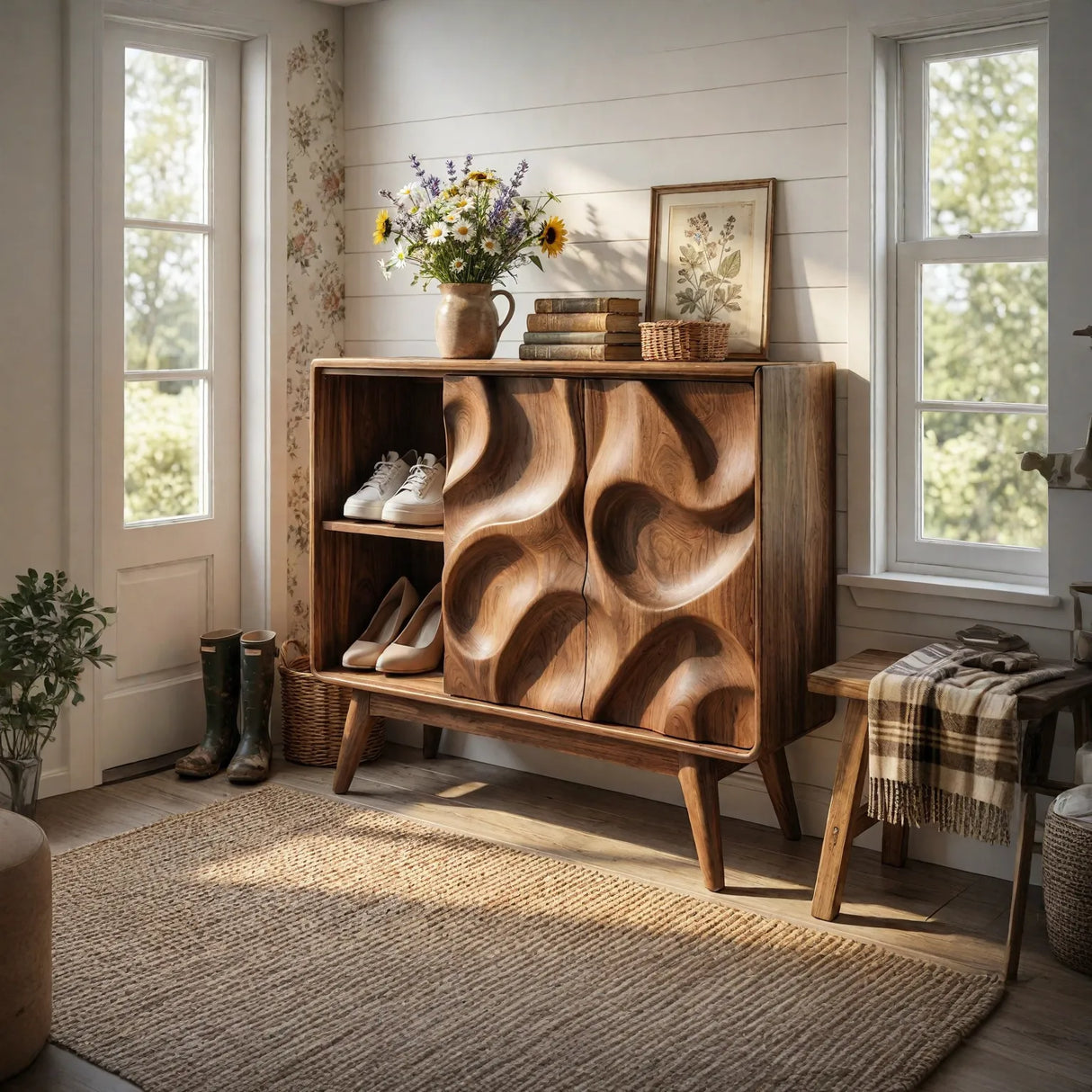 Handcrafted Solid Wood Shoe Cabinet with Sculptural Carved Doors and Open Side Shelves