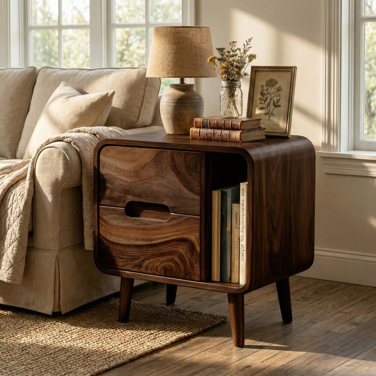 Handcrafted Solid Wood Nightstand with Drawer and Open Book Shelf for Bedroom